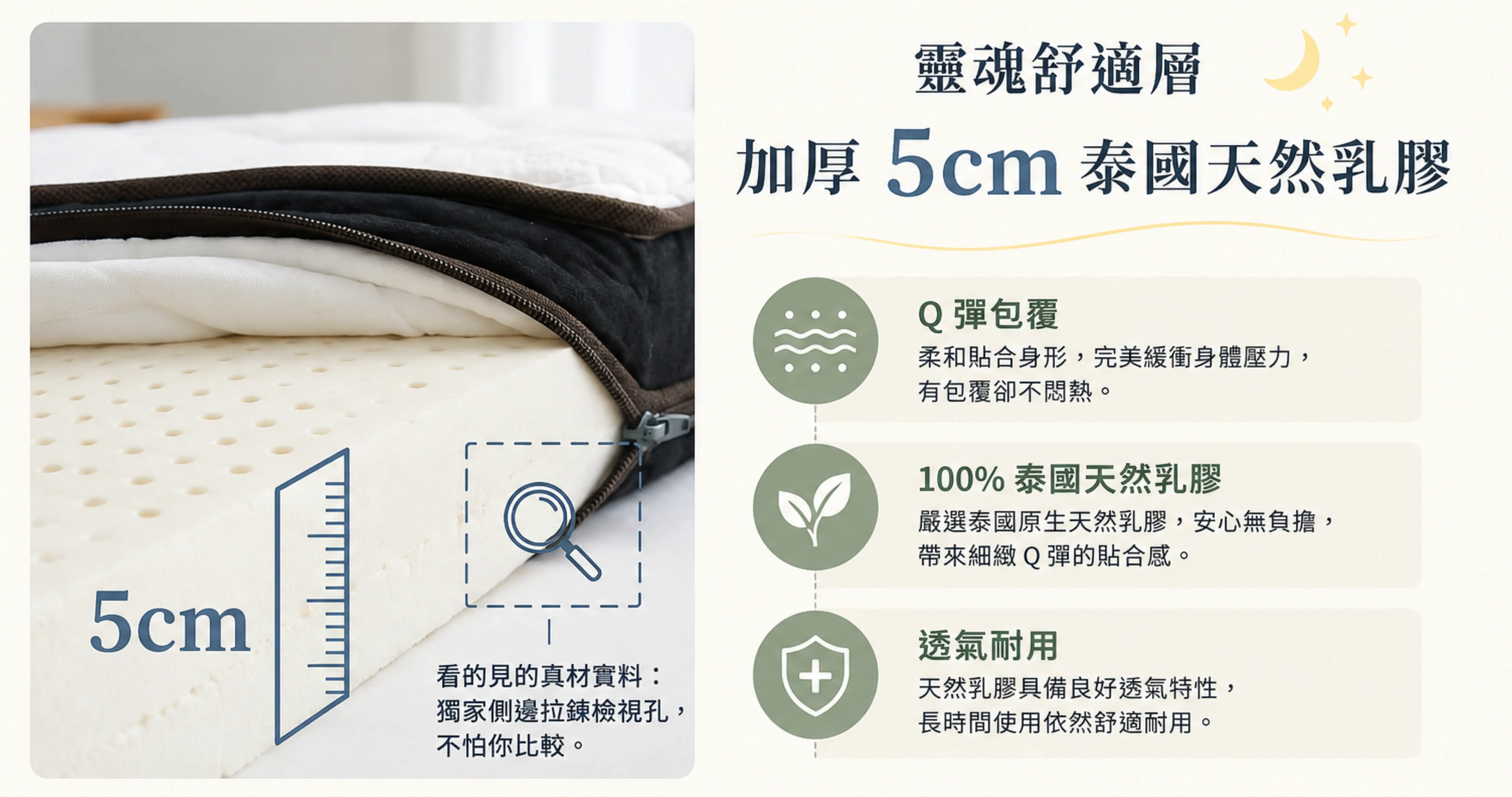 生活搖籃床墊5cm泰國天然乳膠舒適層與側邊拉鍊檢視孔